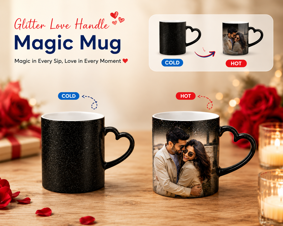 product image for a custom glitter magic mug. It shows two mugs on a wooden table: one plain black glittery mug labeled 'COLD' and one mug with a custom photo of a couple printed on it, labeled 'HOT' with a red arrow indicating the magic trigger.