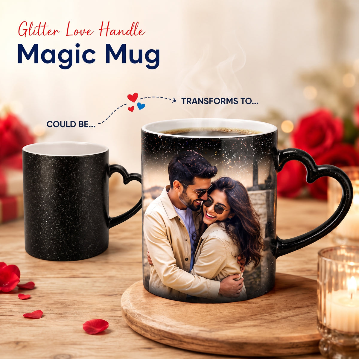 Personalized Love Reveal Magic Mug – Heat Activated Heart-Handle Photo Mug for Couples