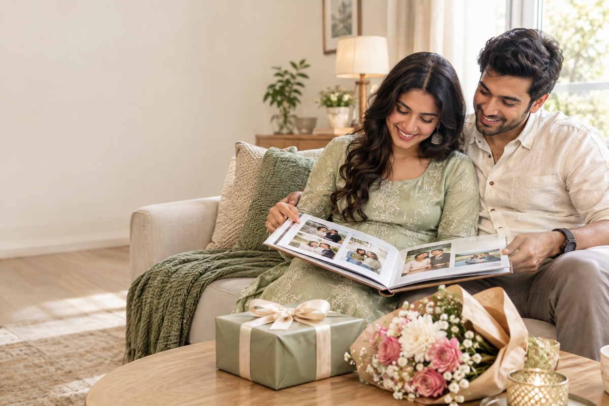 Indian couple opening a personalized photo book