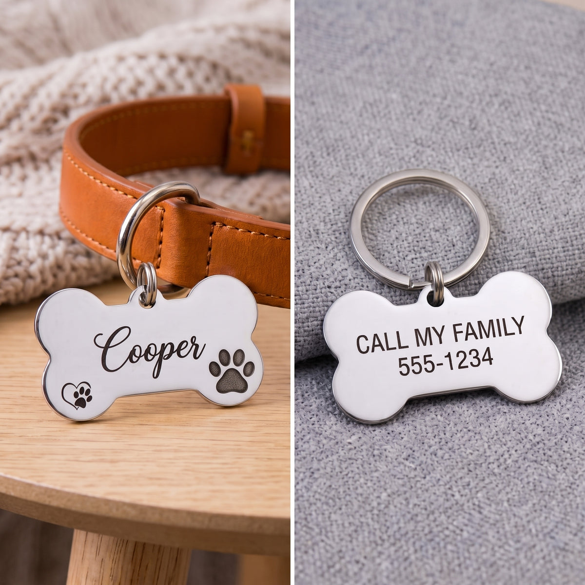 Personalised Stainless Steel Pet ID Tag – Custom Engraved Name & Phone Number