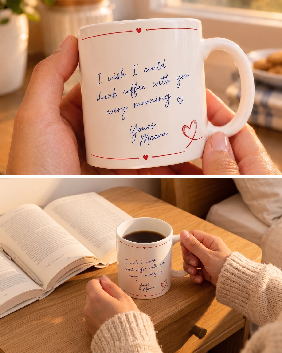 A white ceramic coffee mug with a blue and red handwritten-style quote is shown in two cozy lifestyle scenes. The top panel shows hands holding the mug in a warm indoor setting, and the bottom panel shows the mug on a wooden table next to an open book with coffee inside, held by a person in a cream sweater.